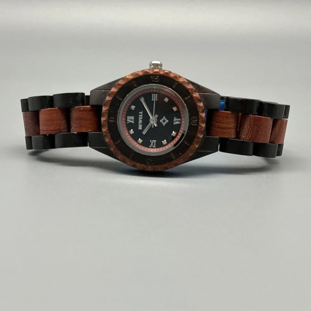 Bewell Womens Watch 31mm Black Dial Wood Bracelet Handcrafted New Battery 7.25